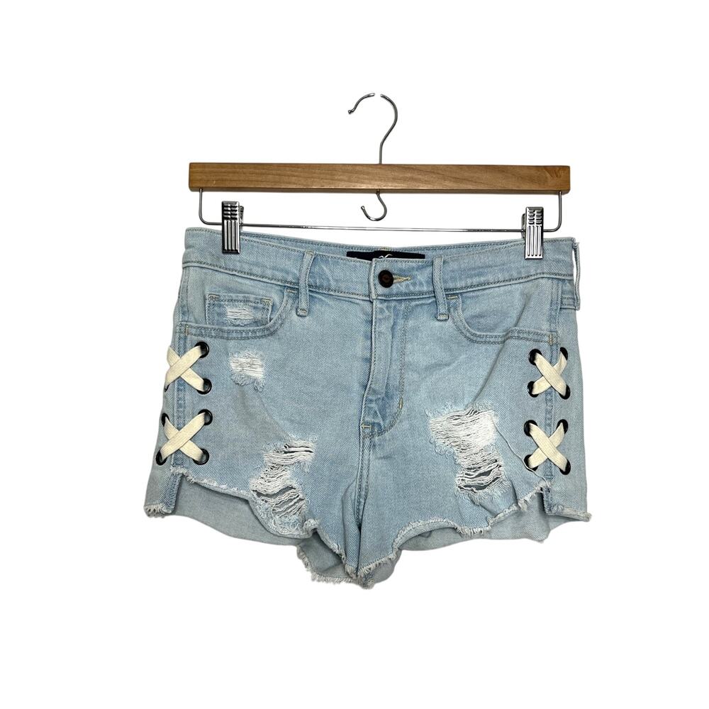 Hollister High Rise Lace Up Distressed Denim Shorts Light Wash Size 27